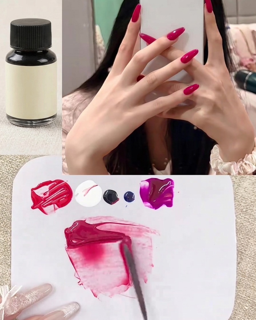 Ein Spatel mischt eine kleine Menge dunkles Pigment in das rote Gel auf der Palette.