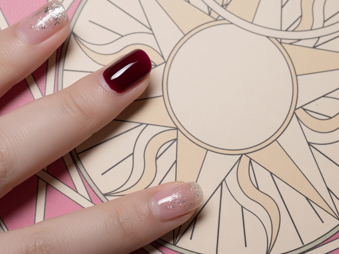 Nahaufnahme eines Dotting-Tools, das kleine Goldfolienflocken auf einen Nagel mit bereits aufgetragenem Base Coat gibt.