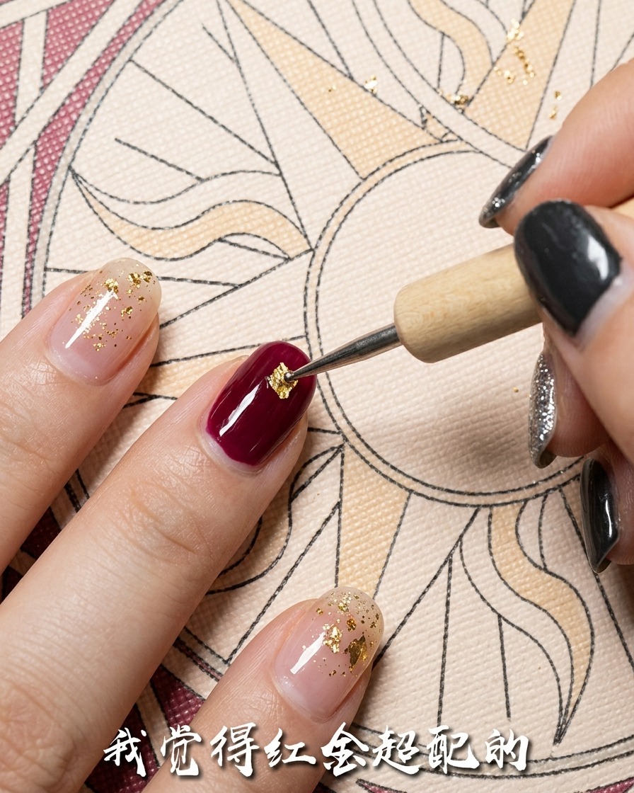 Ein Dotting-Tool platziert ein kleines Stück Goldfolie auf einem Fingernagel.
