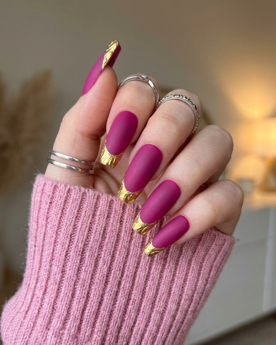 Eine langsame Schwenkbewegung über eine Hand, die die einheitliche, samtige matte Textur des pinken Lacks auf allen Nägeln zeigt.