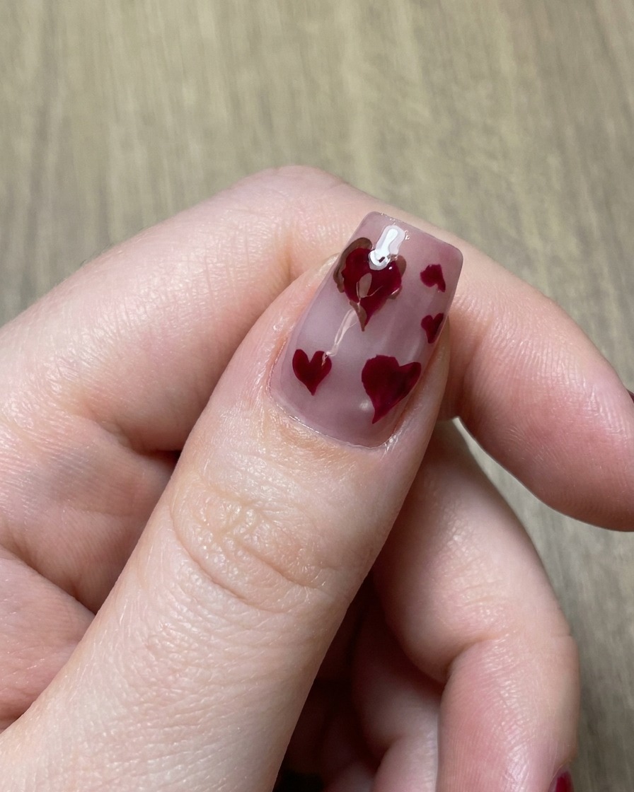 Ein feiner Detailpinsel zeichnet eine braune Kontur um ein Magenta-Herz auf dem Nagel.