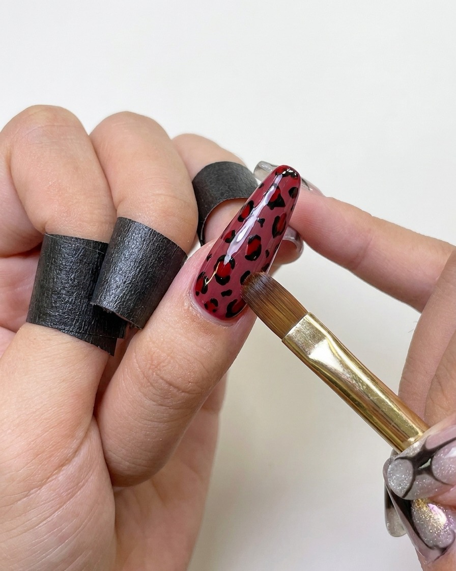 Ein Gelpinsel trägt eine dicke Schicht klaren Top Coats über den rot-schwarzen Leoparden-Nagel auf.