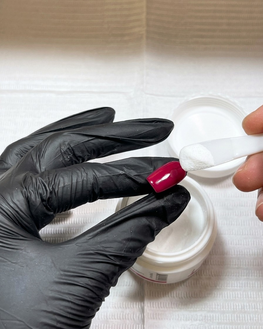 Eine Nahaufnahme, die zeigt, wie ein Nagelhautschieber weißes Acrylpulver über einen glänzenden roten Gel-Nageltip streut.
