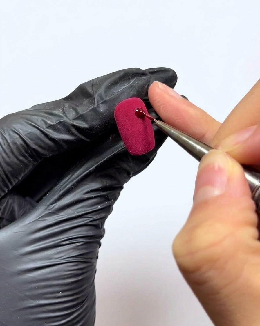Ein feiner Liner-Pinsel trägt einen kleinen roten Geltupfer auf eine strukturierte rote Nageloberfläche auf.