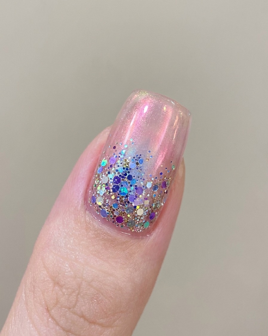 Ein Nagelpinsel trägt ein transparentes, pinkes magnetisches Gel auf einen Fingernagel auf.