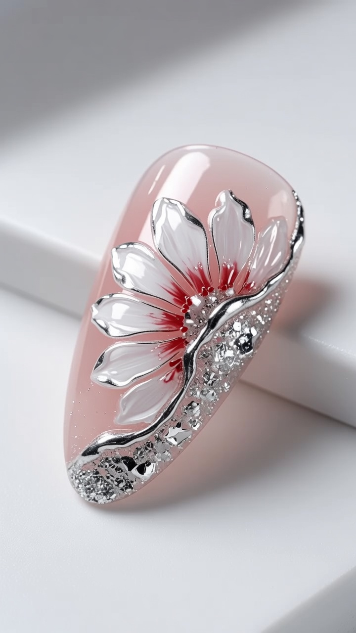 Gänseblümchen Gel-Nageldesign mit Chrom- und Glitzer-Akzenten