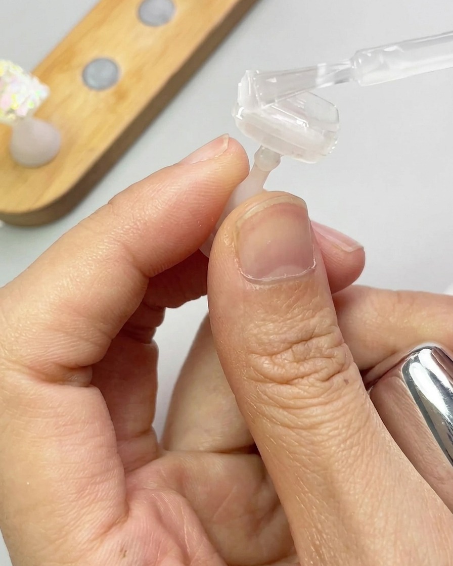 Ein kleiner Pinsel platziert schillernde Glitzerpartikel auf einem mit feuchtem Gel überzogenen Nagel.