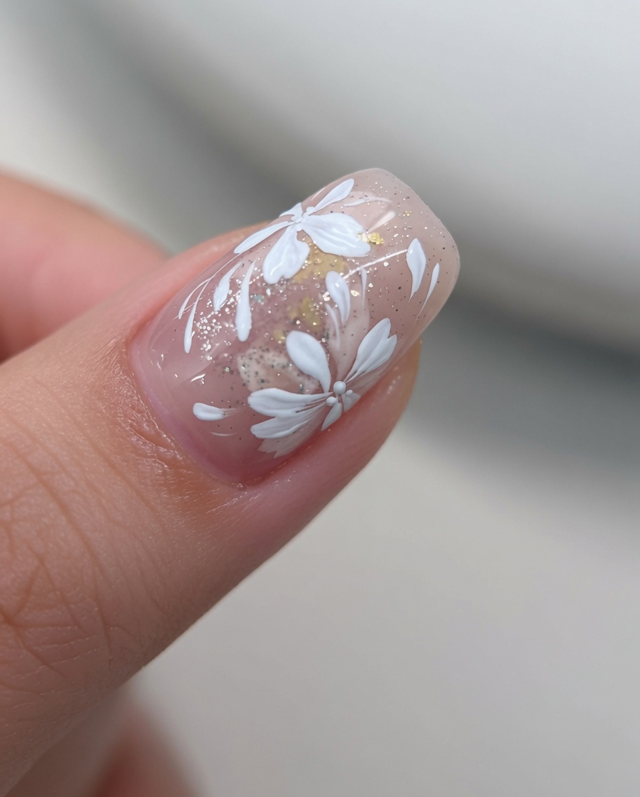 Ein Detail-Pinsel malt zarte weiße Blumenblätter auf einen Nagel.