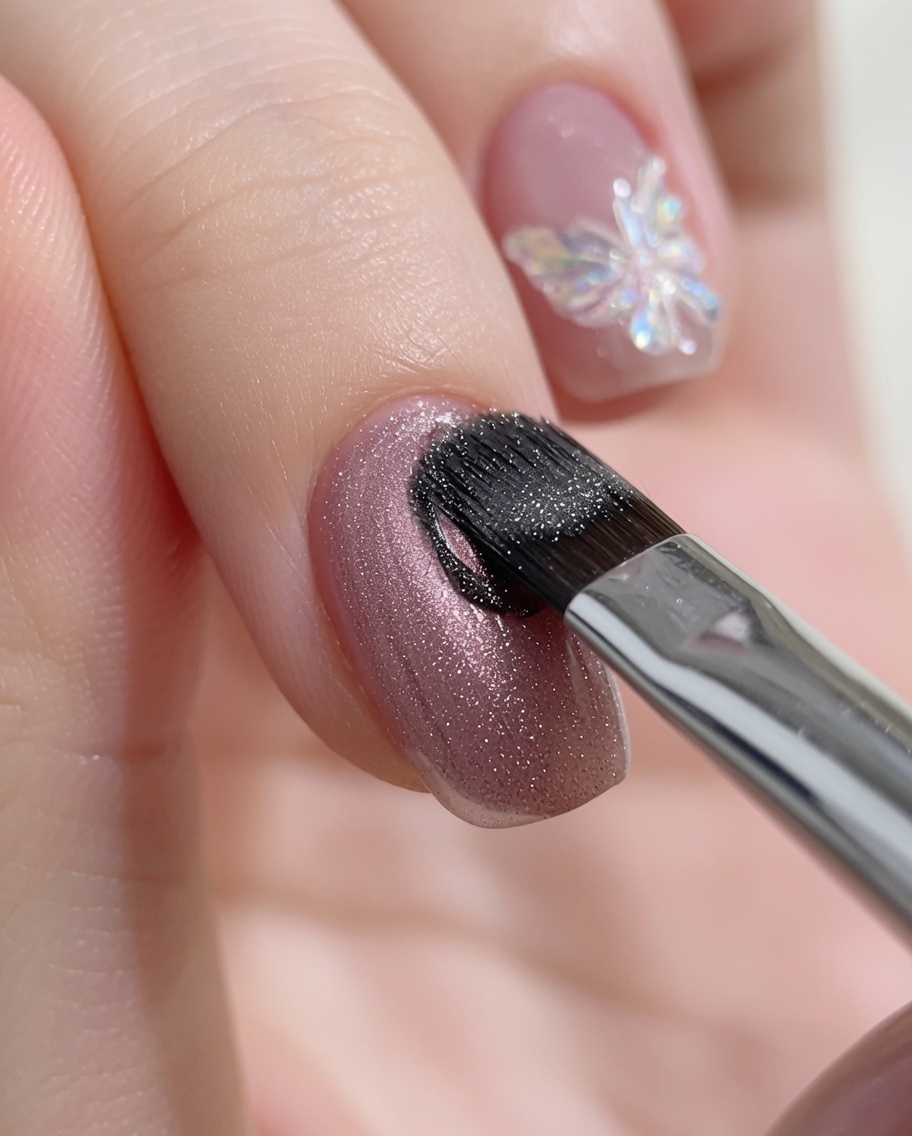 Ein zylindrischer Magnet wird über einen Nagel mit nassem Cat-Eye-Gel gehalten und zieht die Partikel zu einem zentralen Lichtpunkt.