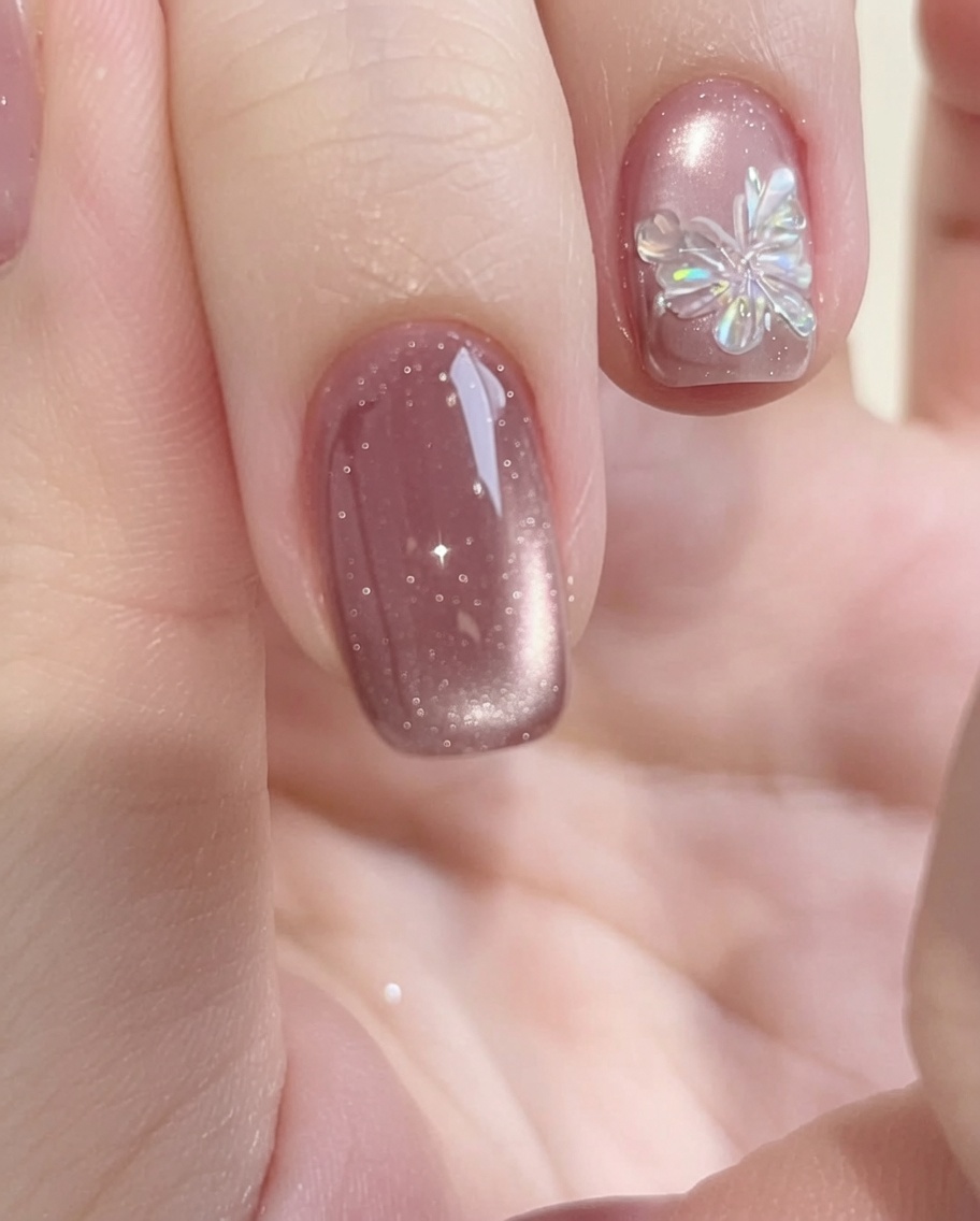 Ein kleiner Pinsel platziert winzige, schimmernde Aurora-Glitzerflocken auf die Oberfläche eines manikürten Nagels.