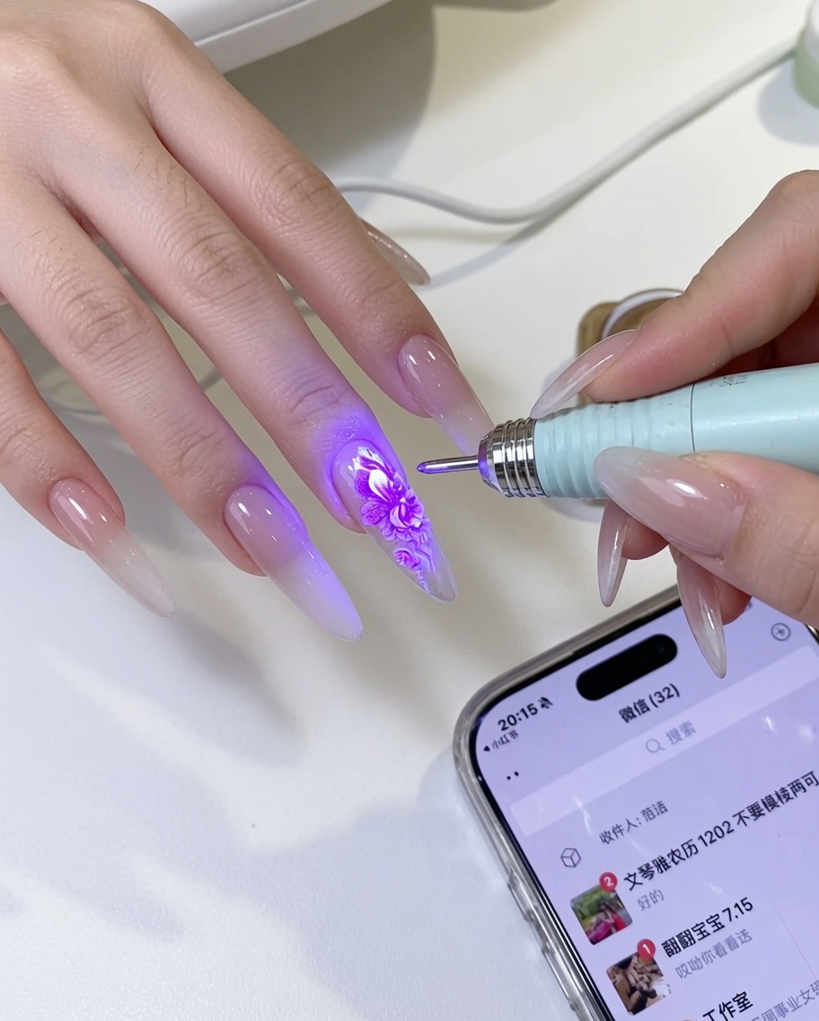 Nahaufnahme eines Fingers mit einem handgemalten Blumendesign, das unter dem violetten Licht einer UV-Nagellampe aushärtet.