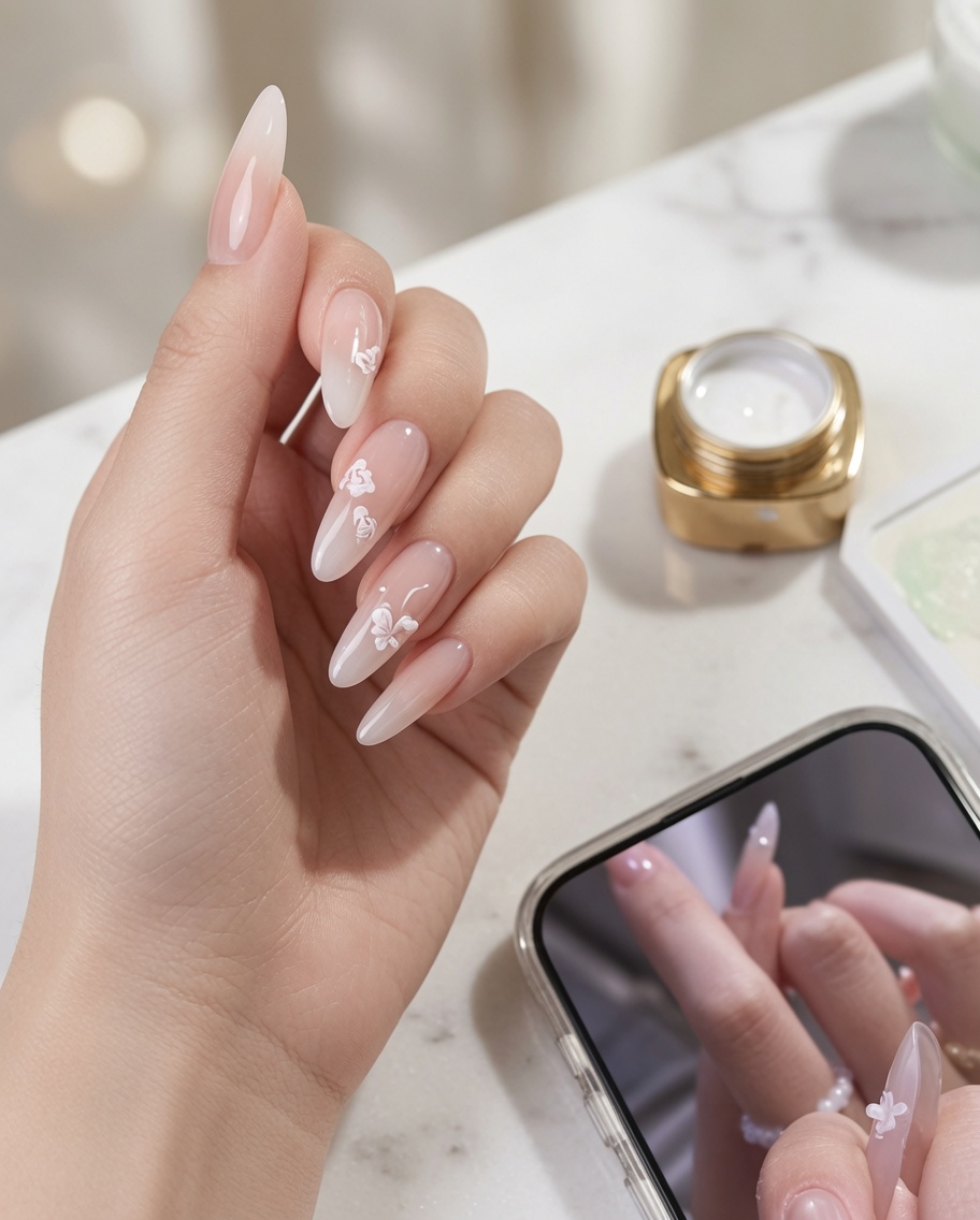 Ein Nagelpinsel trägt einen kleinen Tropfen klaren Klebegels auf die Mitte eines dekorierten Nagels auf.