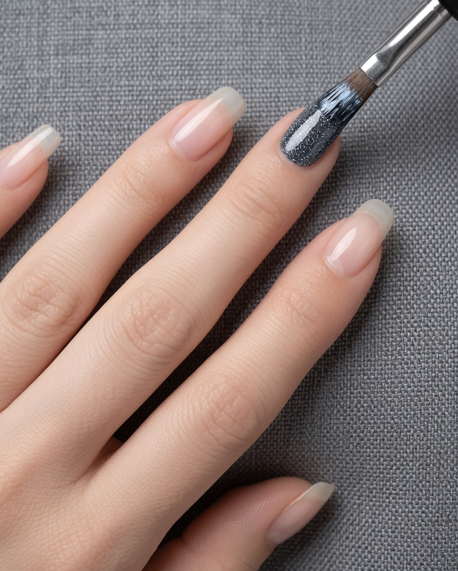 Ein Fingernagel mit einer Schicht grauen Gel-Lacks, der eine helle, leicht transparente Farbe zeigt.