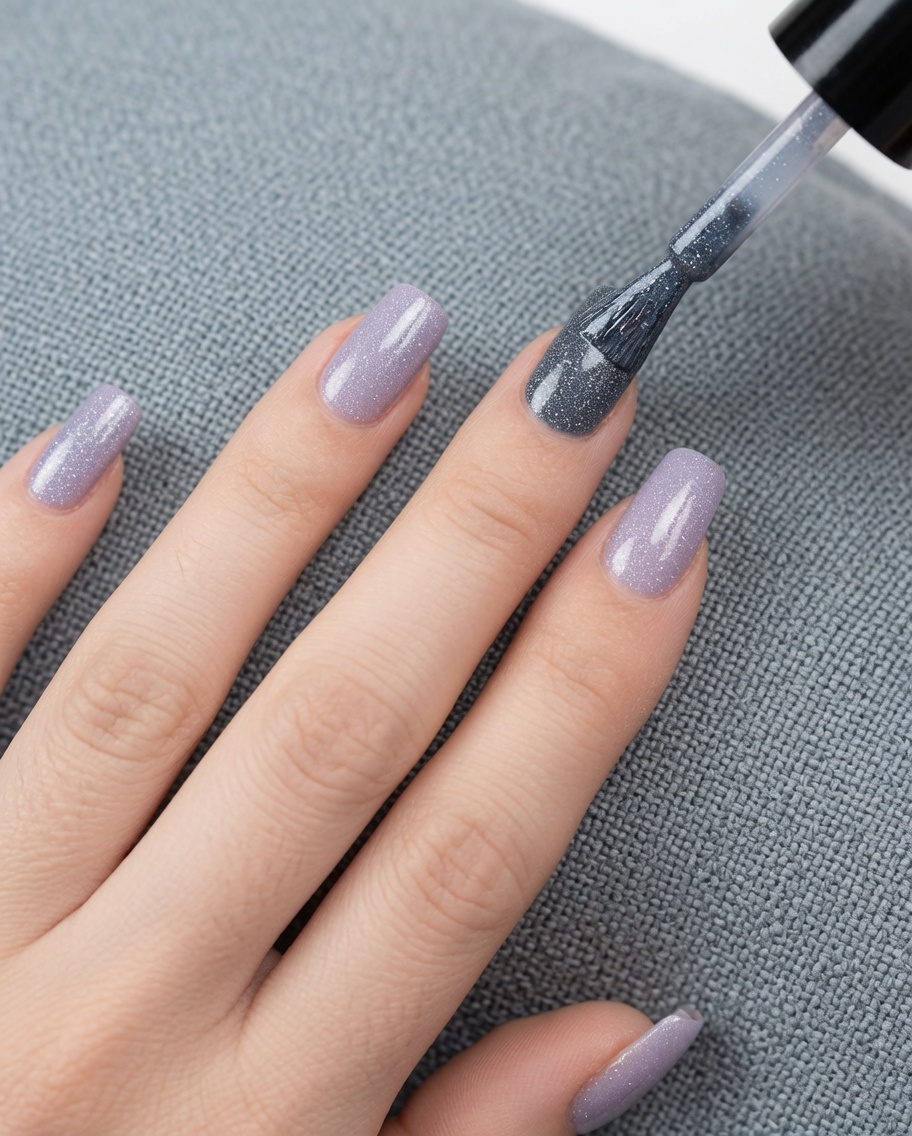Ein Pinsel trägt eine zweite Schicht hellgrauen Gel-Lacks über einen Fingernagel auf.
