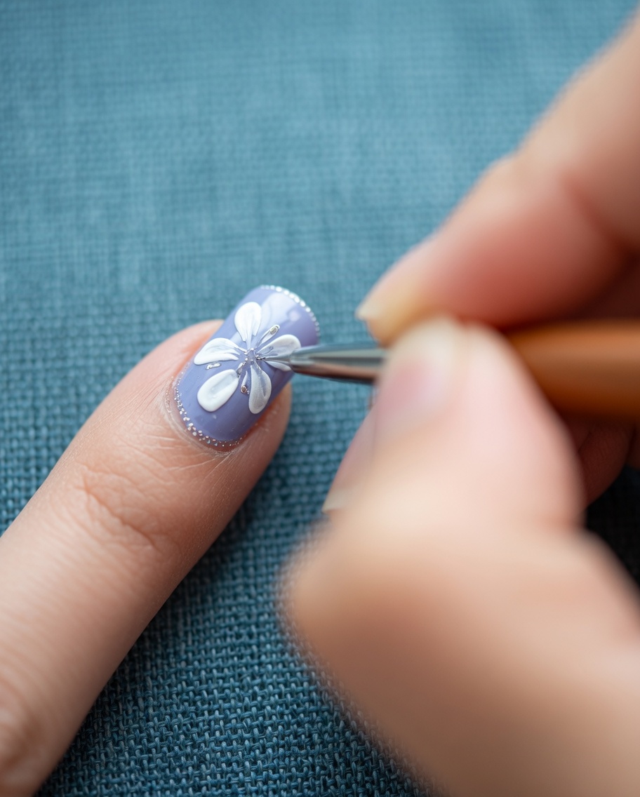 Eine Nahaufnahme eines grauen Fingernagels mit fertigen, mit Gel gemalten weißen Gänseblümchen-Blütenblättern.