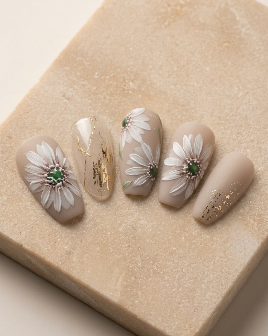 Nahaufnahme des Nagels mit drei weißen Blütenblättern, die von der Mitte des Gänseblümchens ausgehen.