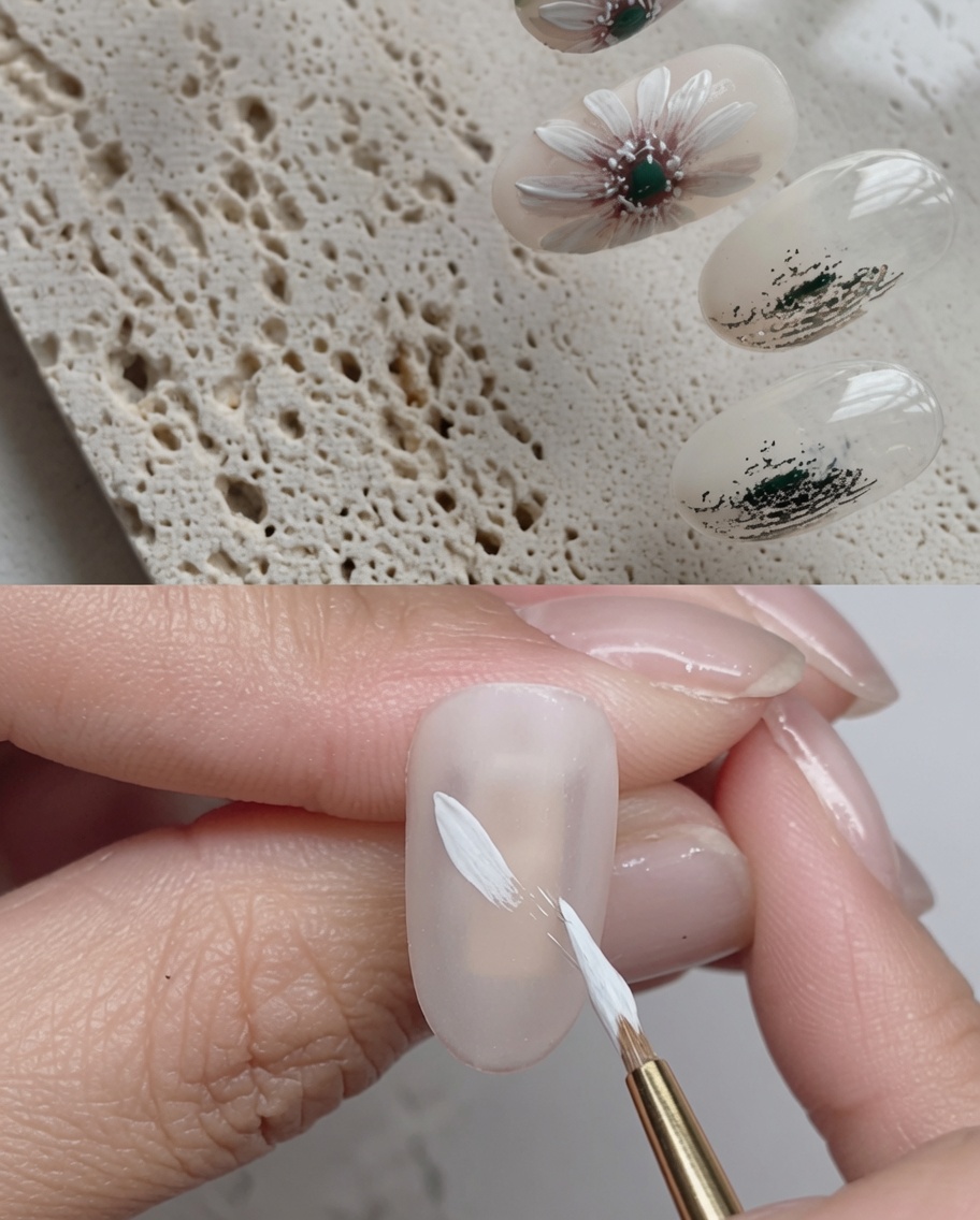 Nahaufnahme des Nagels, bei dem Highlight-Striche auf die vorhandenen Gänseblümchen-Blütenblätter aufgetragen werden.