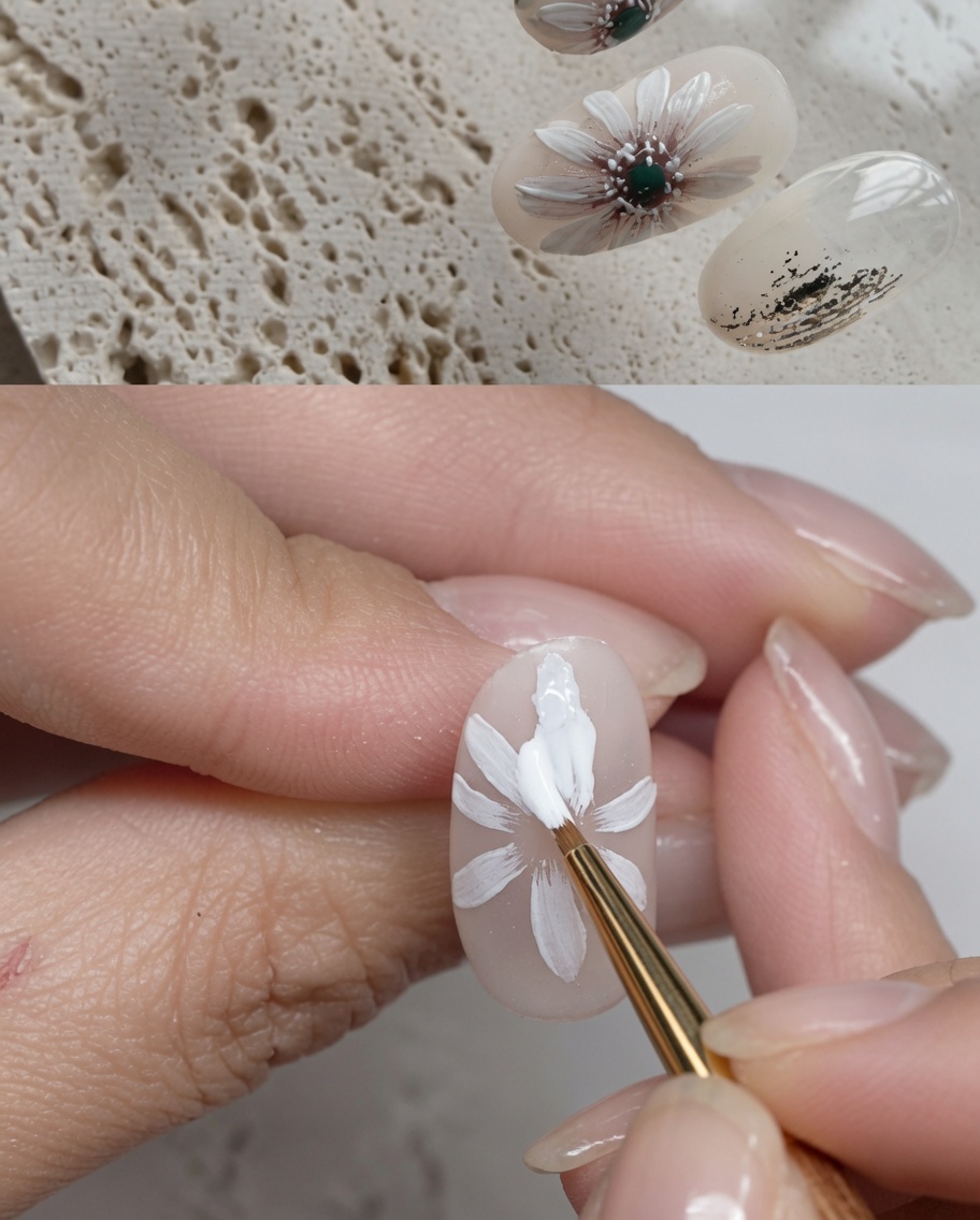 Ein Nailart-Pinsel, der einen kleinen Punkt aus grünem Gel in die Mitte eines gemalten weißen Gänseblümchens setzt.