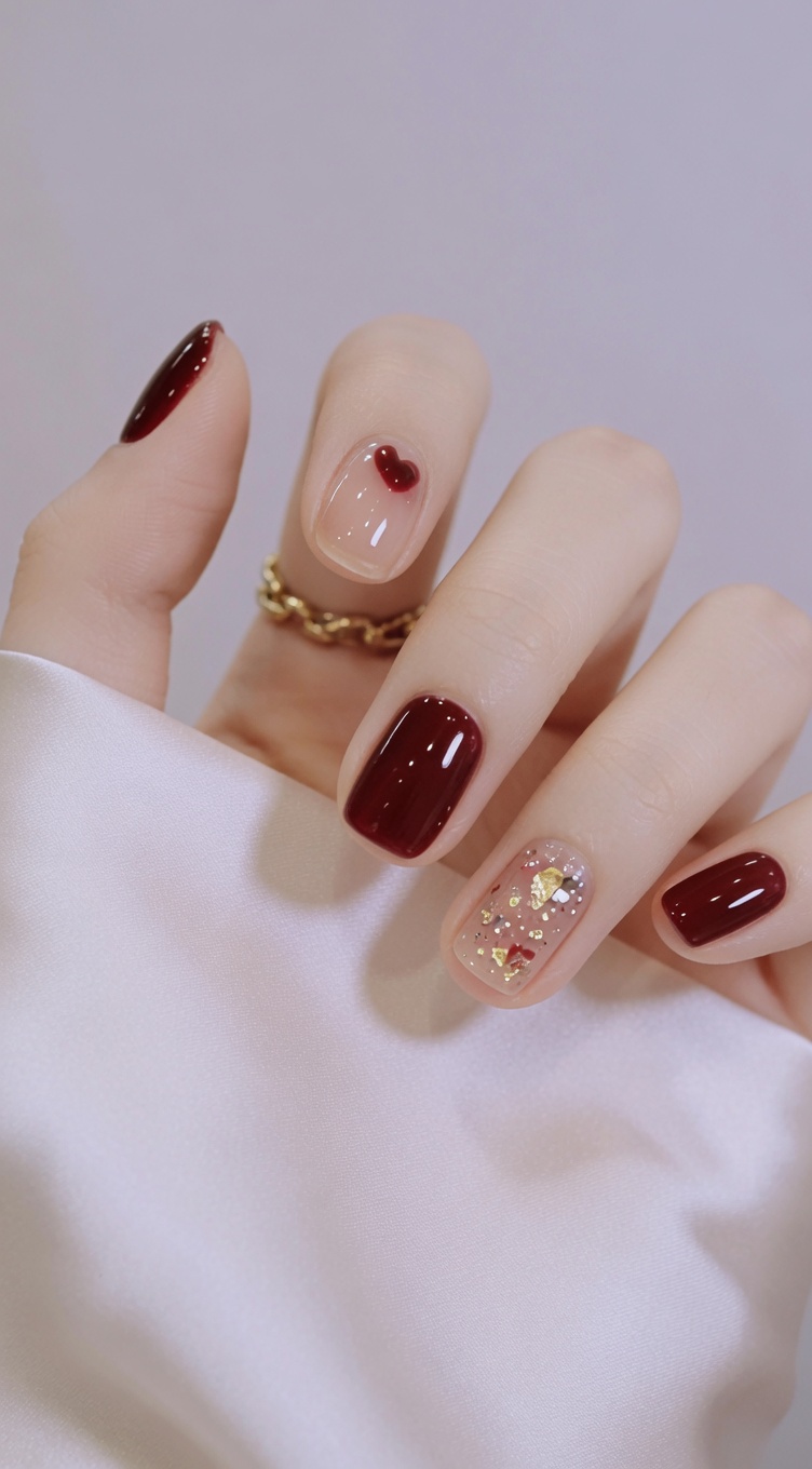 Burgundrote Gelnägel mit Goldglitter und Herz-Akzent — Schritt-für-Schritt-Anleitung