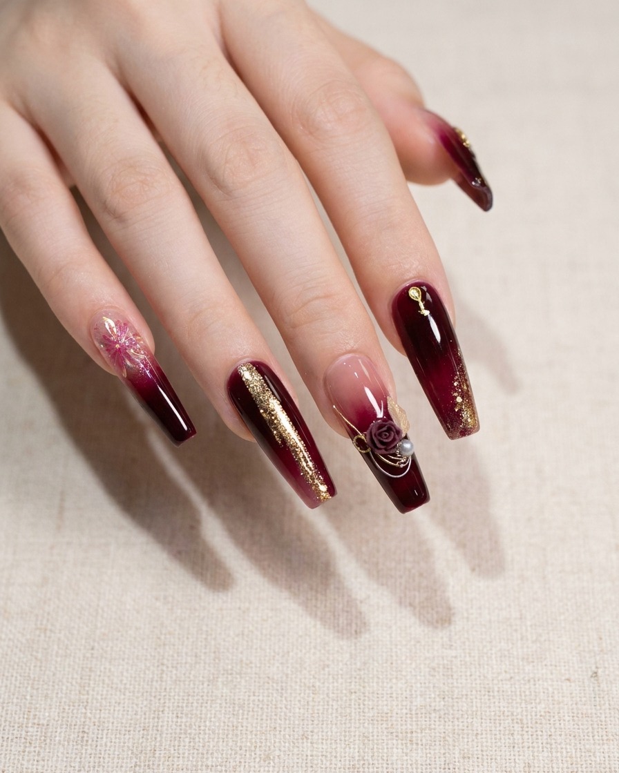 Ein Pinsel trägt klares Haftgel auf eine spezifische Stelle eines langen, rot lackierten Nagels auf.