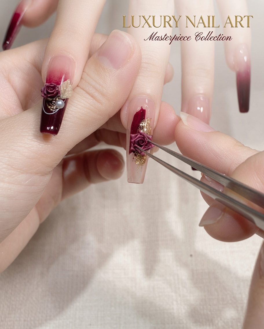 Nahaufnahme einer Pinzette, die ein kleines, getrocknetes Rosen-Charm auf eine Basis mit Rot-Gold-Ombré setzt.