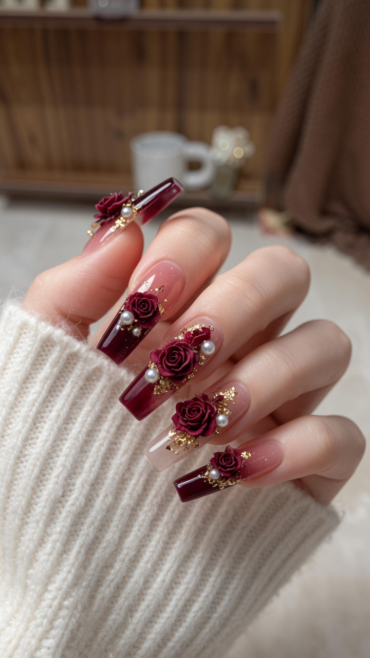 Gothic Dried Rose Nail Art – Sophistiziertes Neujahrs-Design