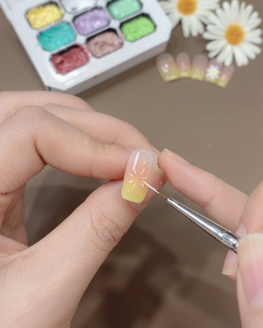 Nahaufnahme eines feinen Linierpinsels, der kleine, dünne weiße Linien auf einem rosa-gelben Ombré-Nagel zieht, um Gänseblümchenblätter zu skizzieren.