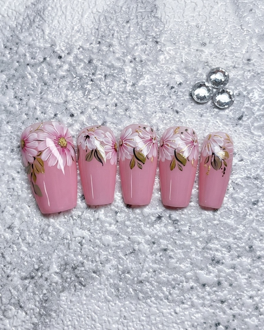 Nahaufnahme eines teilweise gemalten weißen Gänseblümchens auf einem rosa Nagel, das die kreisförmige Anordnung der Blütenblätter zeigt.