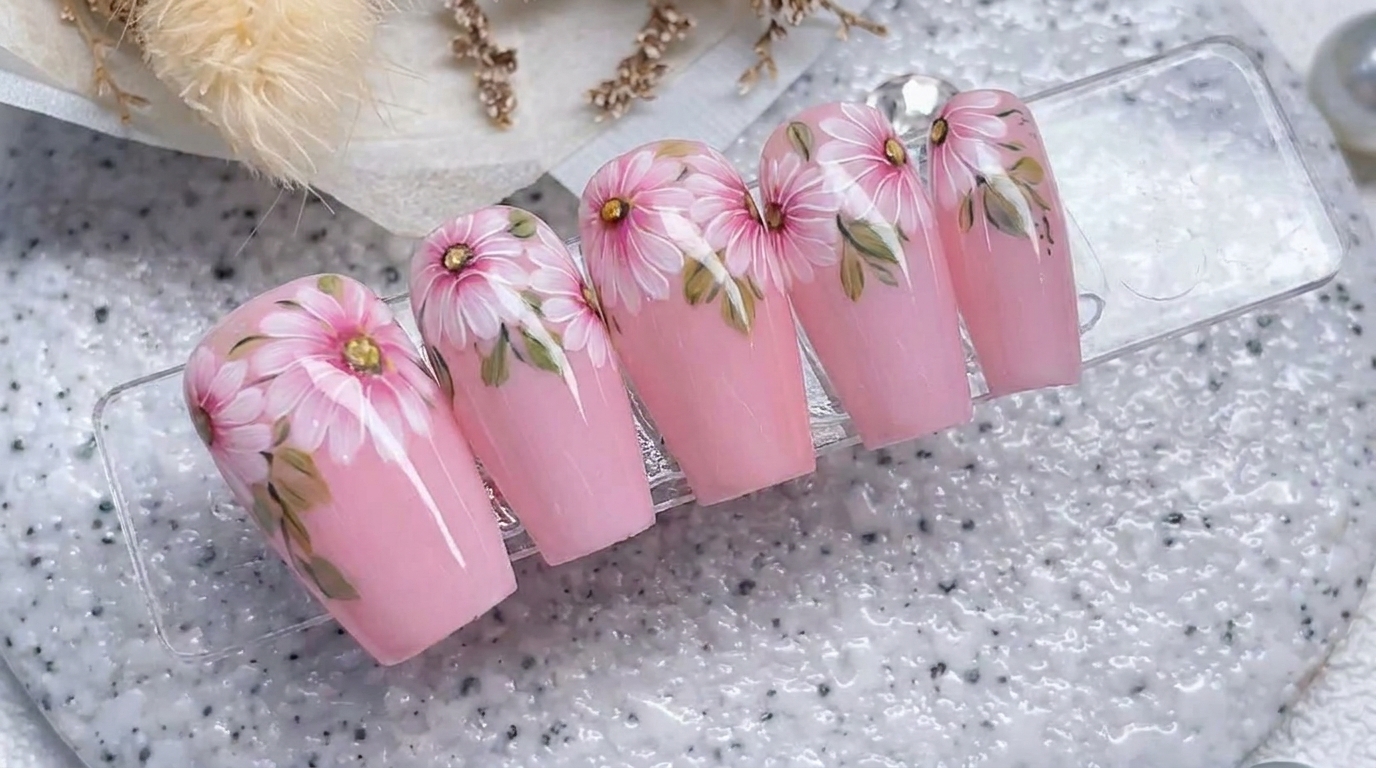 Rosa Gänseblümchen-Nailart — Elegante Anleitung für handgemalte Blüten