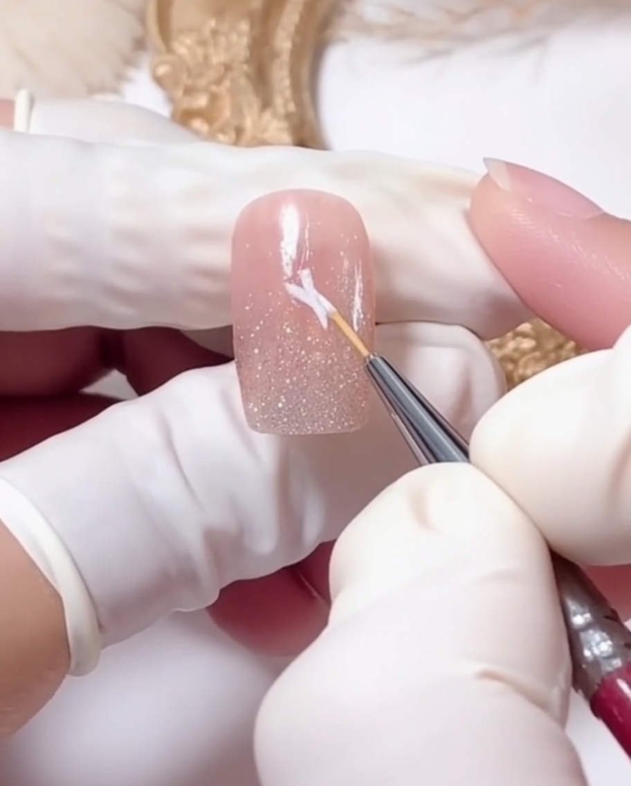 Ein Liner-Pinsel fügt vorsichtig weiße Blütendetails in der unteren linken Ecke eines Nagels mit Glitzerverlauf hinzu.