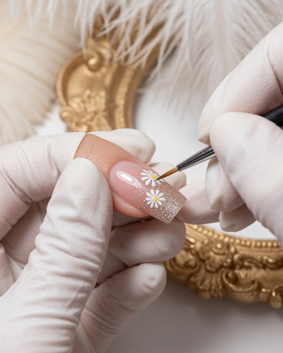 Eine Hand hält einen Nagel unter eine professionelle UV-Nagellampe, um das frisch gemalte Blumendesign auszuhärten.