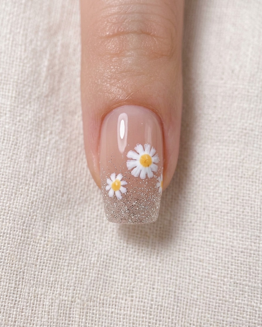 Nahaufnahme eines Nagels mit drei Gänseblümchen, an die braune Stiele gemalt wurden.