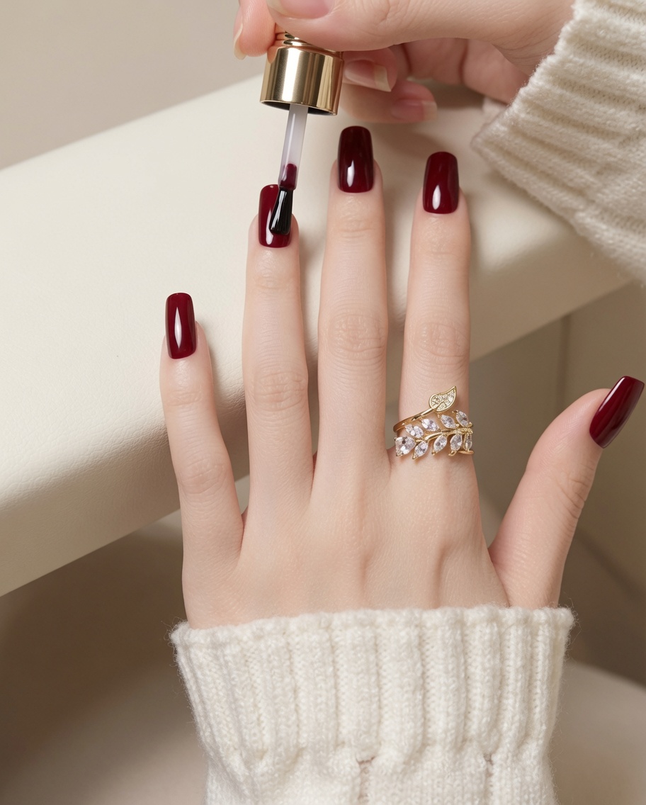 Ein Pinsel trägt klaren Base Coat auf einen unlackierten Ringfingernagel auf.