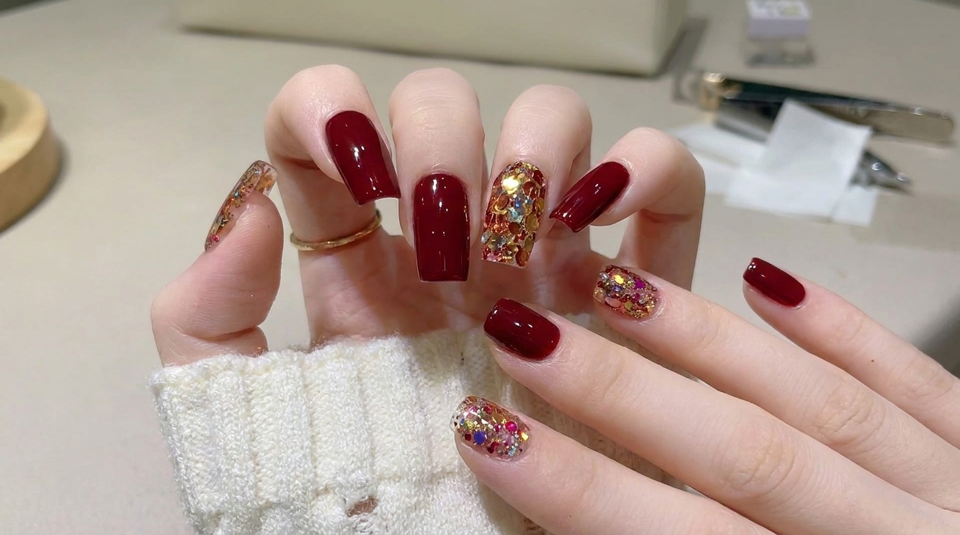 Dunkelrote Gel-Nägel mit Gold-Glitzer-Akzent — Schritt-für-Schritt-Anleitung