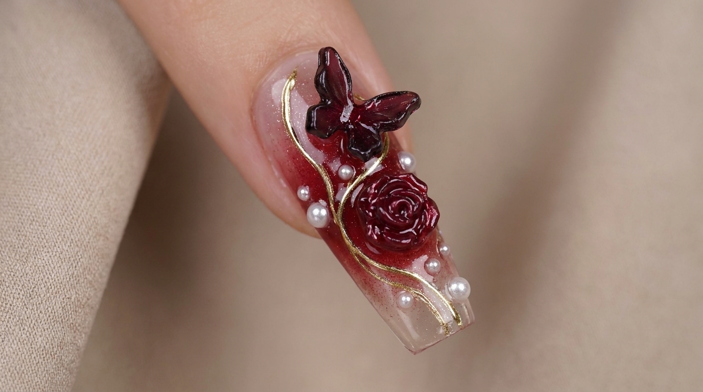 Weinrotes Ombré-Gel-Design mit Schmetterling und Rose für Silvester