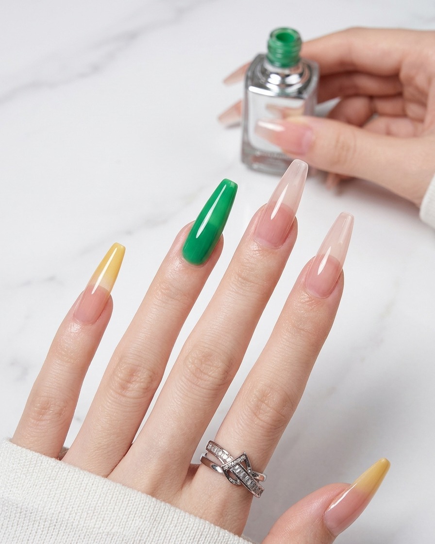 Nahaufnahme eines Pinsels, der grünes Jelly-Gel auf die Spitze eines natürlich vorbereiteten Nagels aufträgt.