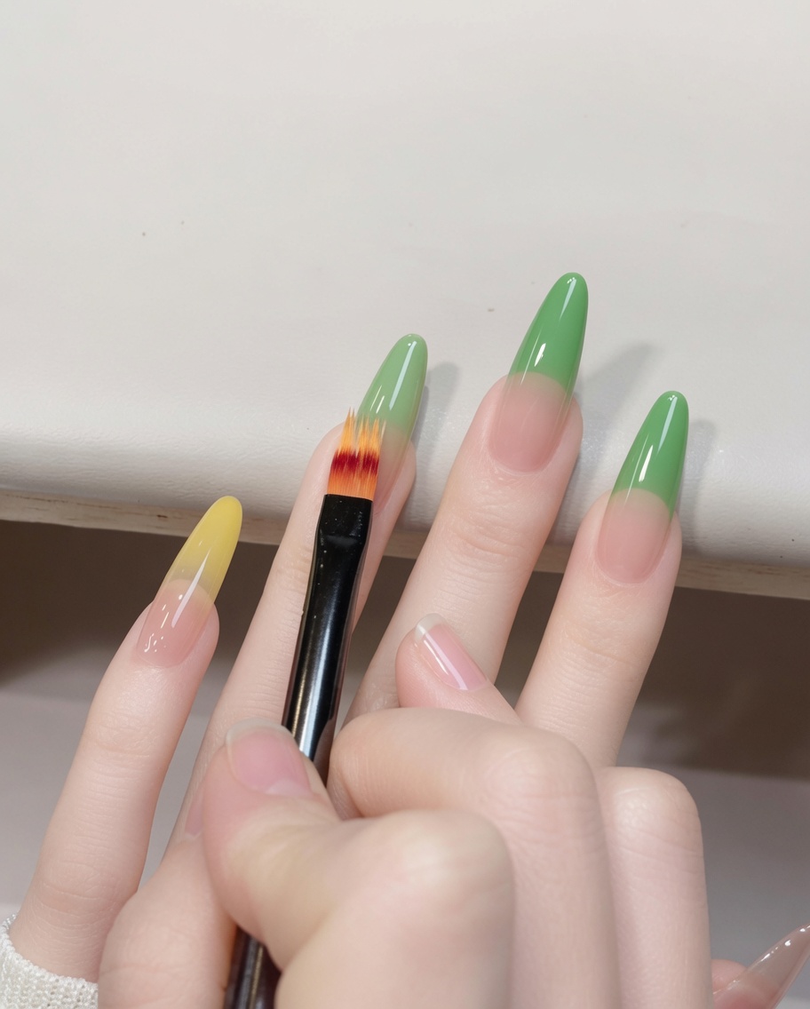 Nahaufnahme eines Pinsels, der gelbes Jelly-Gel auf die Spitze eines Nagels aufträgt.