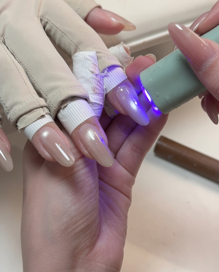 Eine kleine blaue Handheld-UV-Lampe härtet das glänzende Cat-Eye-Gel auf einem manikürten Finger aus.