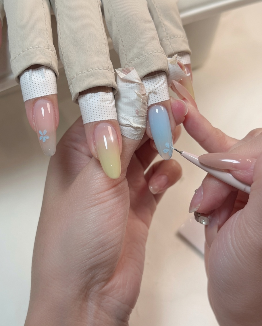 Eine Nahaufnahme eines Liner-Pinsels beim Malen einer kleinen blauen Blume auf einer Nude-Nagelbasis.
