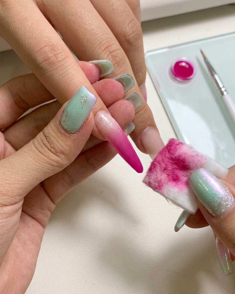 Nahaufnahme einer Hand, die einen Schwamm mit einer Pinzette hält, um pinkes Gel auf einen Nagel zu tupfen.