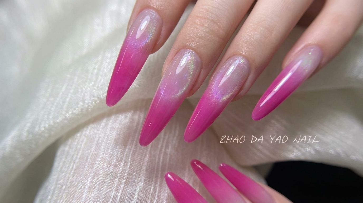 Drachenfrucht-Pink Ombré-Nägel mit Aurora-Glaskugel-Effekt — Schritt-für-Schritt-Anleitung