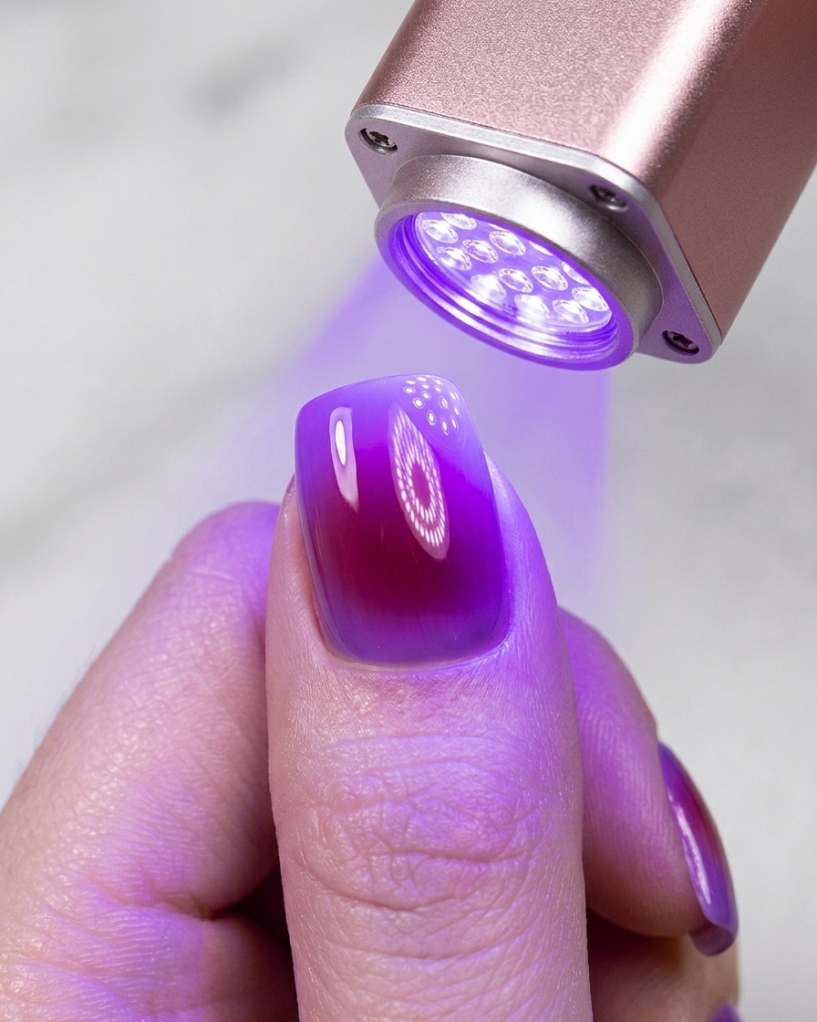 Eine tragbare Mini-UV-Taschenlampe härtet eine glänzende, violett leuchtende Gel-Nagellackanwendung aus.