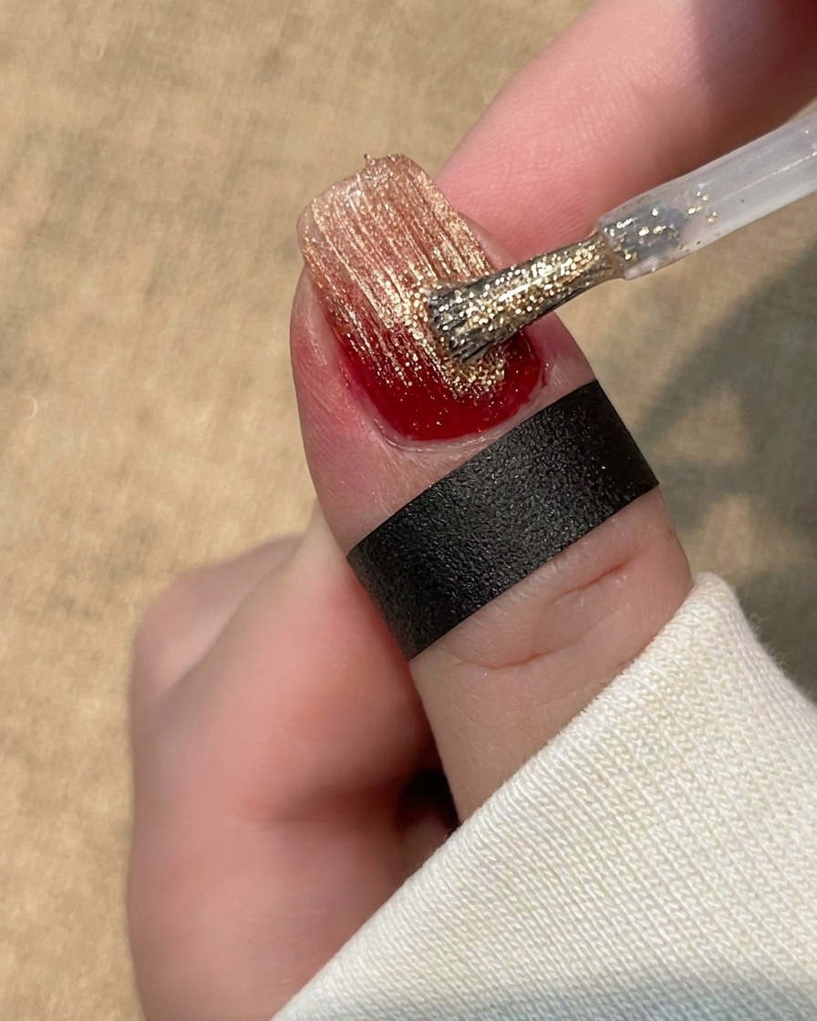 Ein kleiner, steifer Pinsel zieht gerade texturierte Linien durch eine glänzende Gelschicht auf einem Nagel.