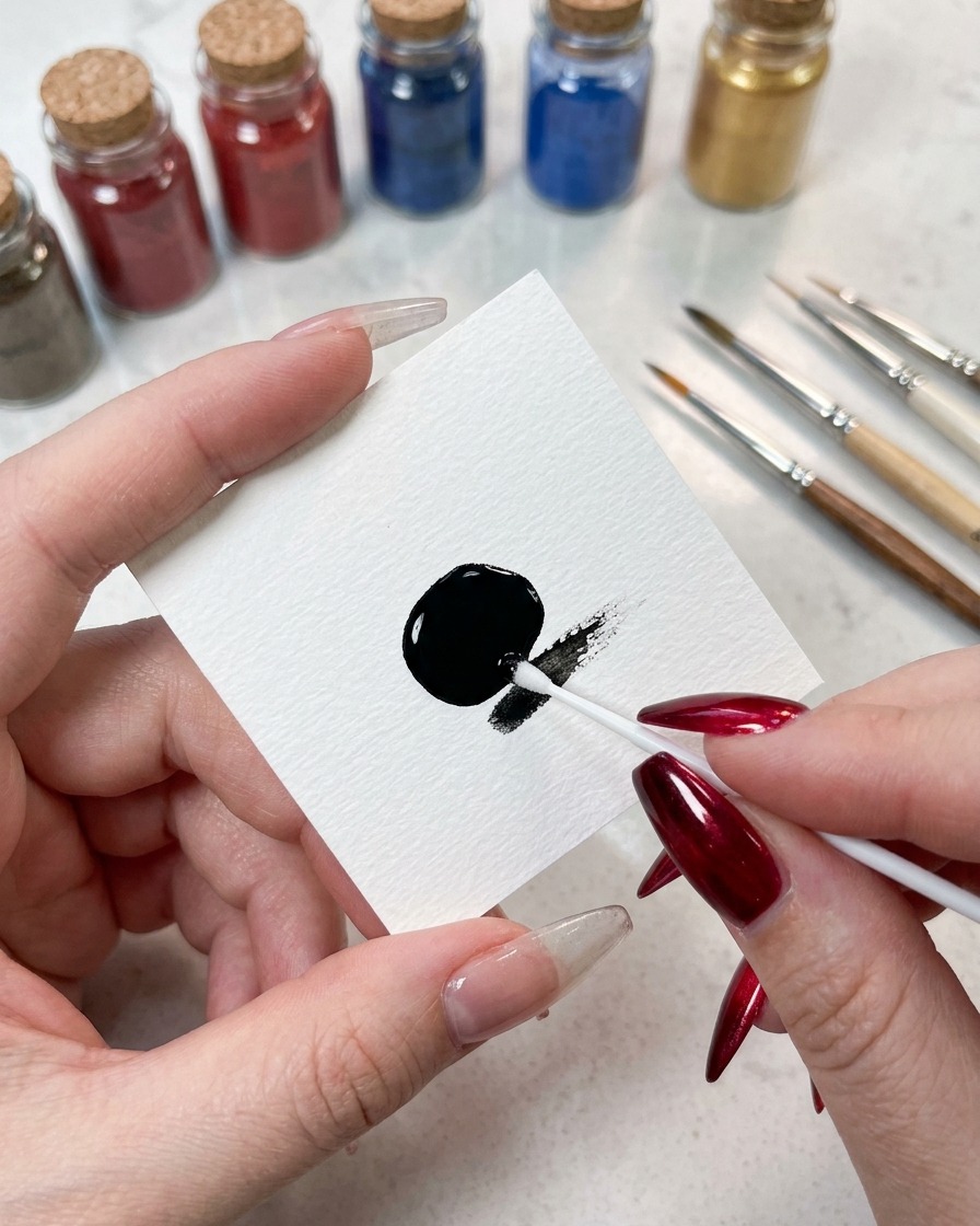 Nahaufnahme, wie die Kante eines Schwamms vorsichtig mit schwarzem Gel von der Palette aufgenommen wird.