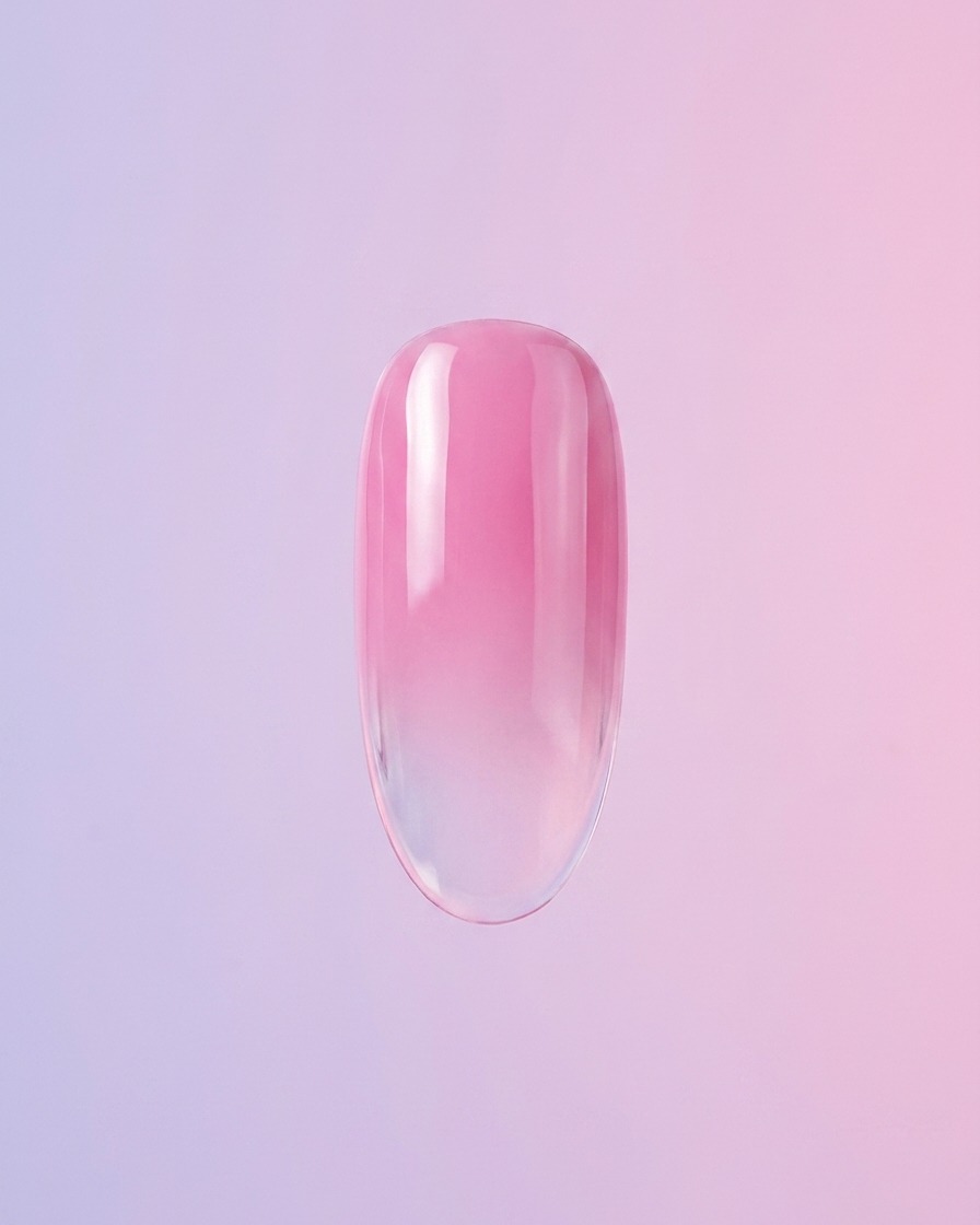 Ein einzelner Nagel mit einem zarten rosa Farbverlauf vor einem hellen Hintergrund.
