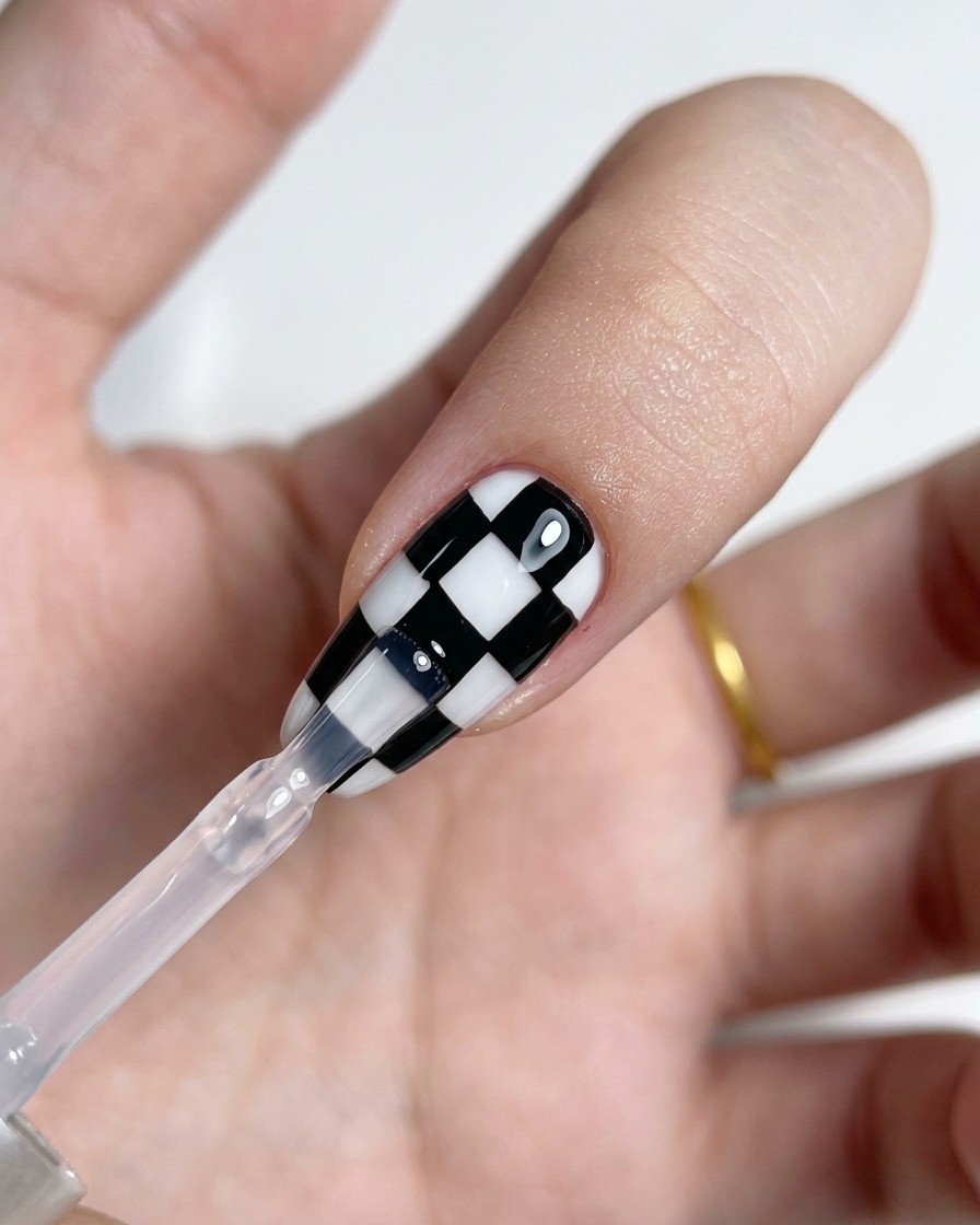 Ein Pinsel verteilt eine glänzende Schicht klaren Top Coats gleichmäßig über ein Karo-Nageldesign.