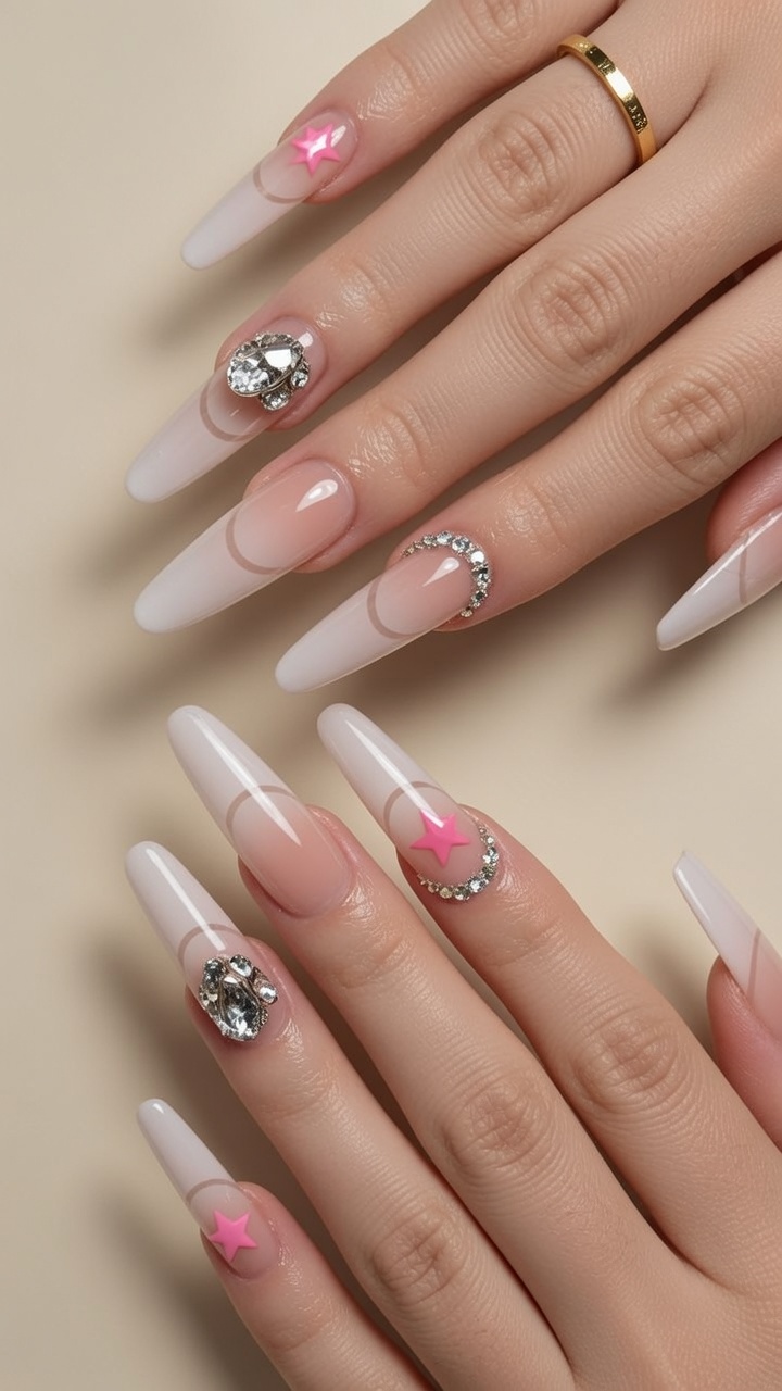 Farbverlauf French Manicure mit Stern-Nail-Art und Strasssteinen — Schritt-für-Schritt-Anleitung