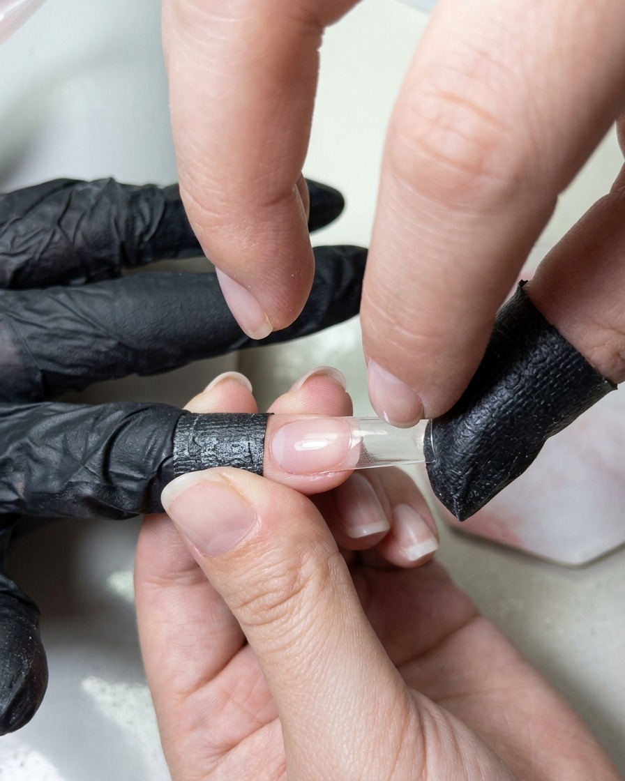 Ein Make-up-Schwämmchen drückt weißes Tupf-Gel auf die Spitze einer langen Nagelverlängerung.