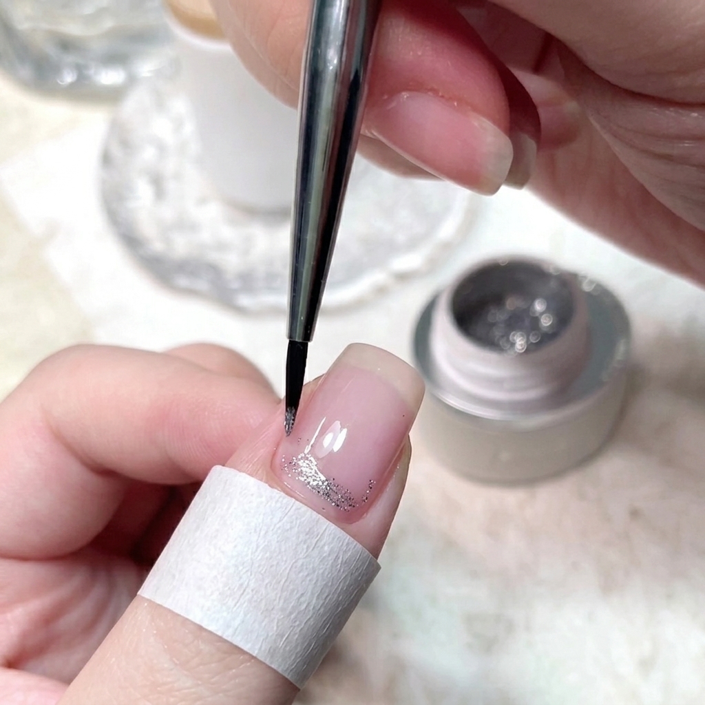 Ein feiner Pinsel tupft Crushed-Diamond-Glitzergel auf die Basis eines Fingernagels.