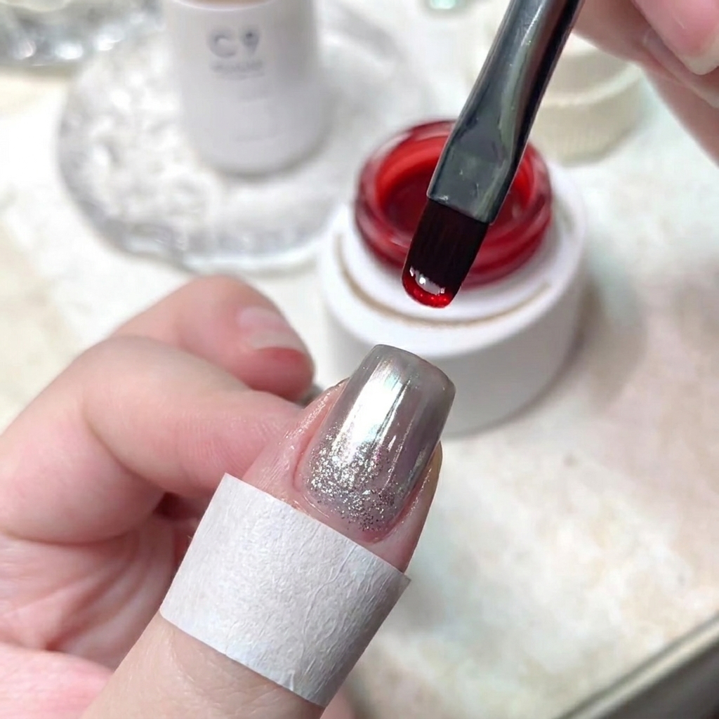 Ein flacher Gelpinsel trägt klares Base-Gel über eine Chrom-Nageloberfläche auf.
